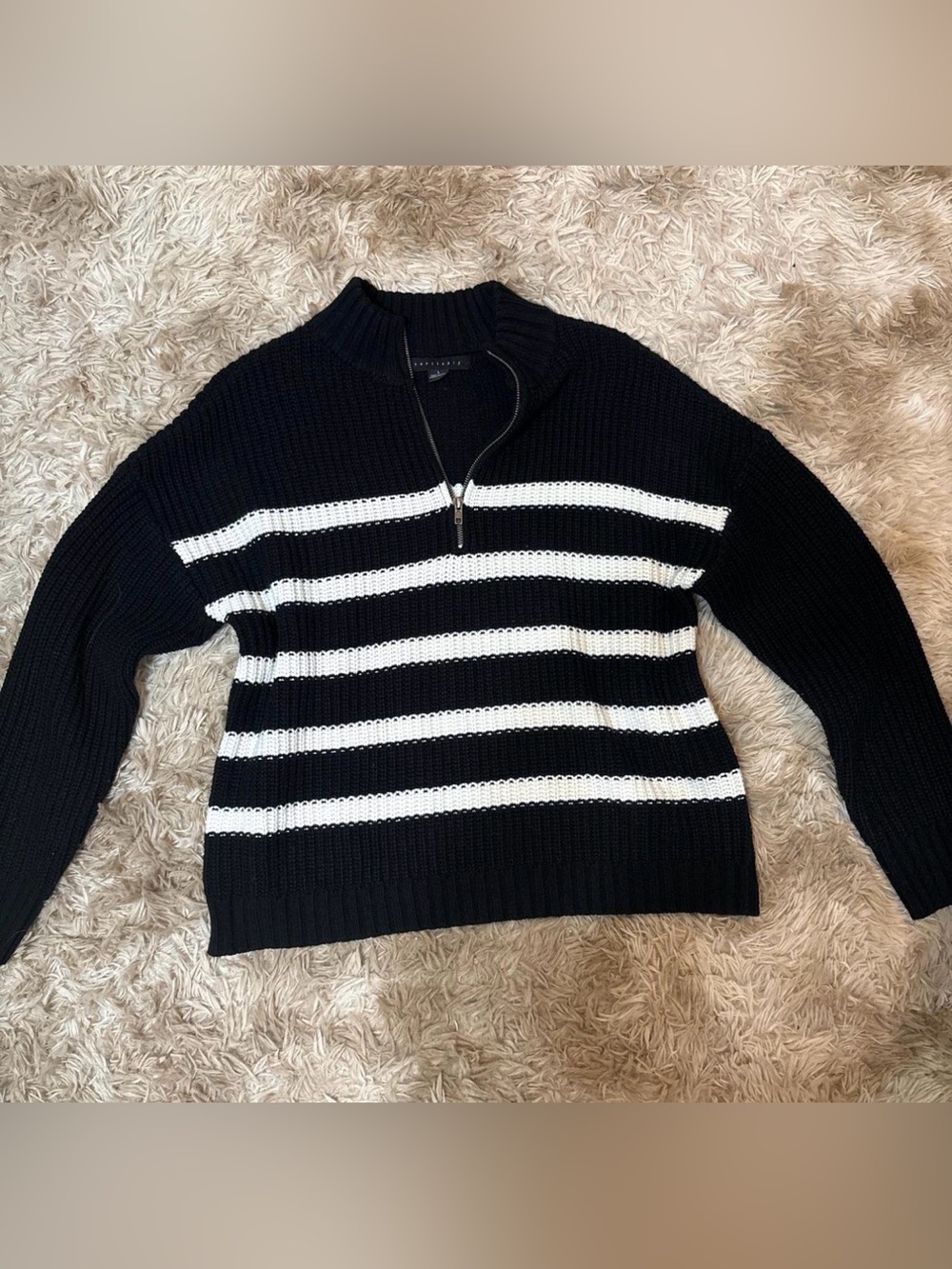 Sanctuary Black & White Striped Half-Zip Turtleneck Sweater